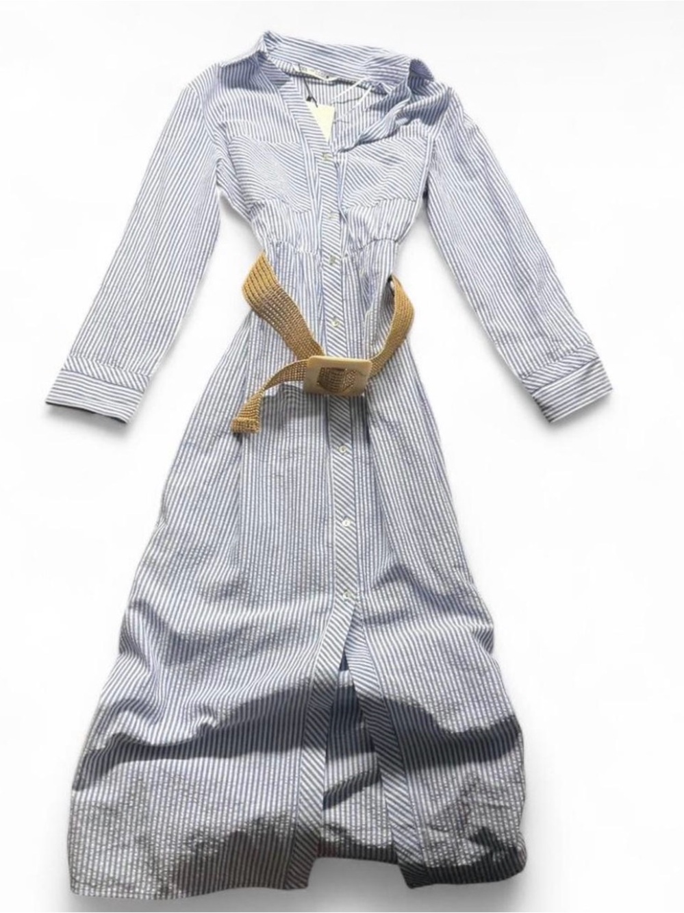 Zara Blue and White Striped Maxi Shirt Dress